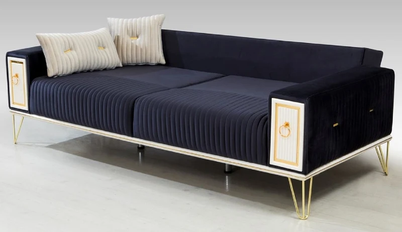 Casa Padrino Luxus Schlafsofa Dunkelblau / Weiß / Gold 220 x 90 x H. 80 cm - Modernes Wohnzimmer Sofa - Wohnzimmer Möbel