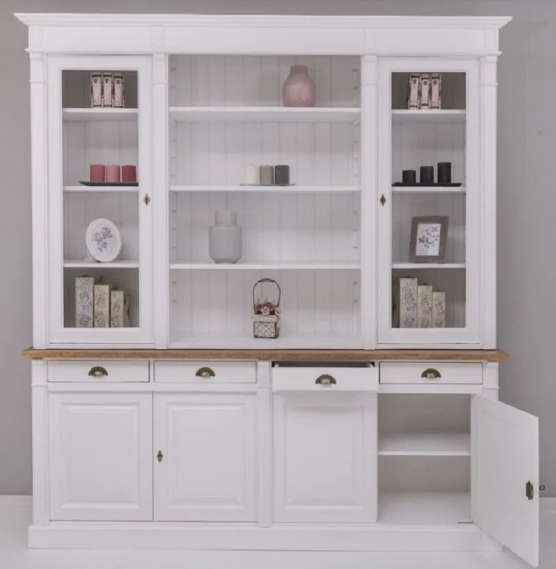 Casa Padrino Landhausstil Esszimmerschrank Weiß / Braun 223 x 51 x H. 240 cm - Massivholz Schrank - Küchenschrank - Landhausstil Esszimmer Möbel