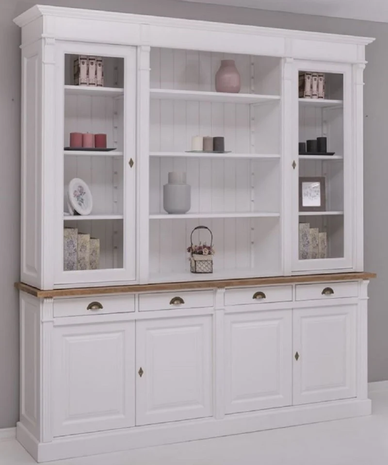 Casa Padrino Landhausstil Esszimmerschrank Weiß / Braun 223 x 51 x H. 240 cm - Massivholz Schrank - Küchenschrank - Landhausstil Esszimmer Möbel