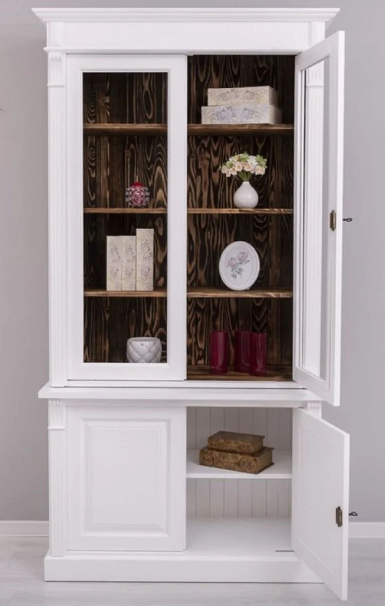 Casa Padrino Landhausstil Schrank Weiß / Dunkelbraun 120 x 50 x H. 228 cm - Massivholz Vitrine - Landhausstil Massivholz Möbel