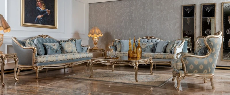 Casa Padrino Luxus Barock Sofa Hellblau / Silber / Gold - Handgefertigtes Wohnzimmer Sofa im Barockstil - Barock Wohnzimmer Möbel