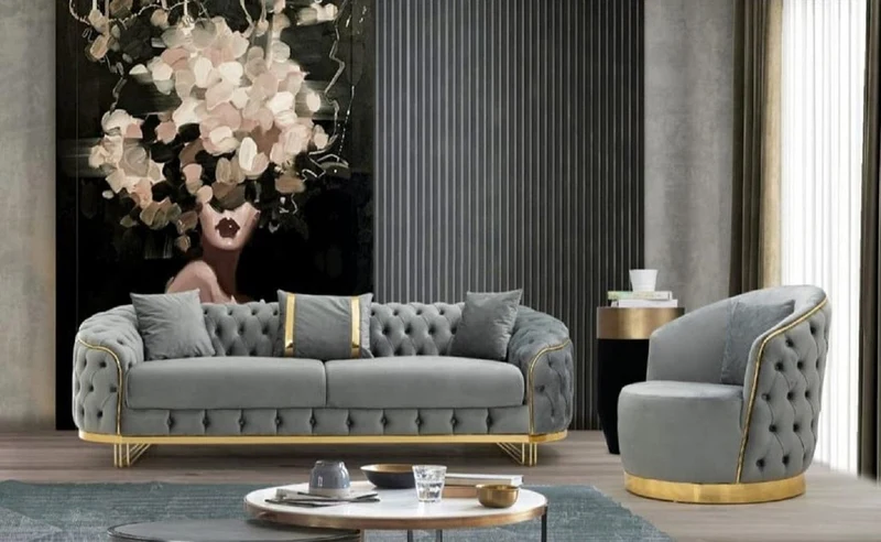 Casa Padrino Luxus Chesterfield Sessel Grau / Gold 90 x 95 x H. 75 cm - Moderner Wohnzimmer Sessel - Chesterfield Wohnzimmer Möbel