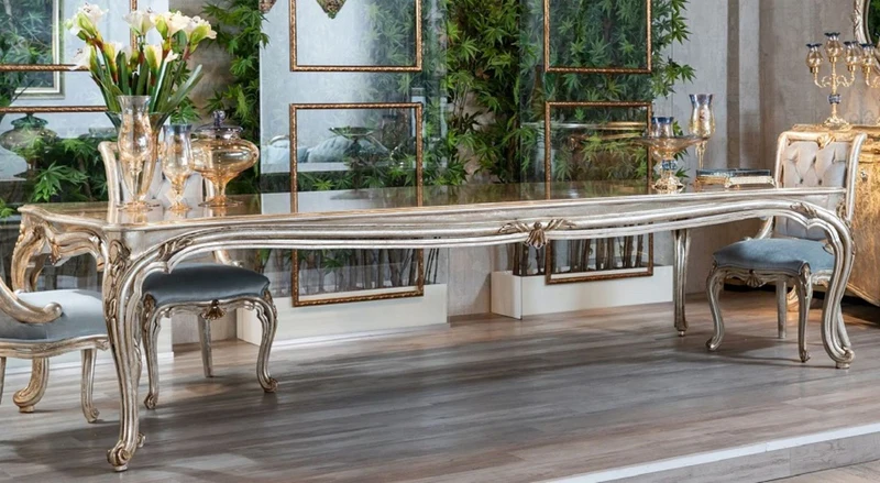 Casa Padrino Luxus Barock Esstisch Silber / Gold - Prunkvoller Massivholz Esszimmertisch im Barockstil - Barock Esszimmer Möbel