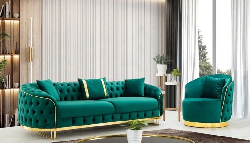 Casa Padrino Luxus Chesterfield Sofa Grün / Gold 240 x 95 x H. 72 cm - Modernes Wohnzimmer Sofa - Chesterfield Wohnzimmer Möbel