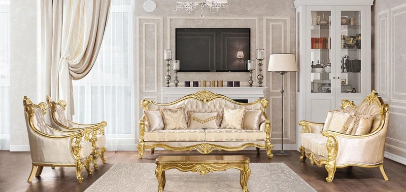 Casa Padrino Luxus Barock Wohnzimmer Set Beige / Gold - 2 Barock Sofas mit Muster & 2 Barock Sessel mit Muster & 1 Barock Couchtisch - Barock Wohnzimmer Möbel