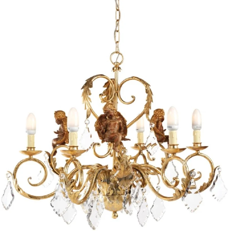 Casa Padrino Luxus Barock Kristall Kronleuchter Antik Gold / Braun Ø 80 x H. 60 cm - Wohnzimmer Kronleuchter mit dekorativen Engelsfiguren - Edel & Prunkvoll