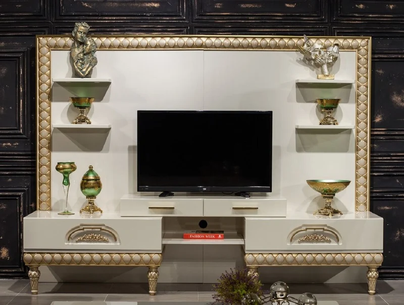 Casa Padrino Luxus Barock TV Schrank Weiß / Gold - Prunkvolles Wohnzimmer Sideboard mit Rückwand - Barock Wohnzimmer Möbel