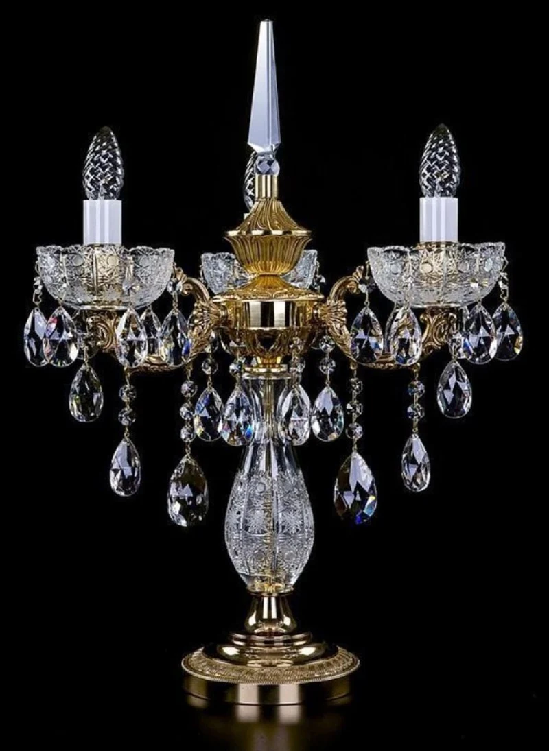 Casa Padrino Luxus Barock Kristall Tischleuchte Gold Ø 45 x H. 59 cm - Prunkvolle Messing Schreibtischleuchte mit Böhmischem Kristallglas - Barock Kristall Leuchten