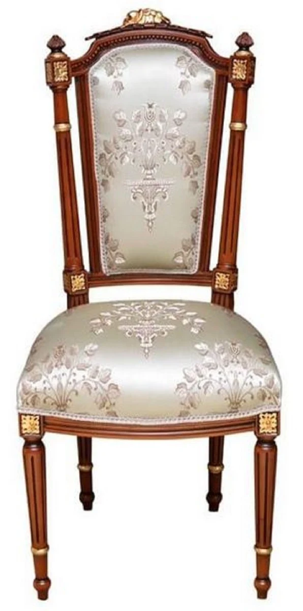 Casa Padrino Barock Esszimmerstuhl Cremefarben / Braun / Gold - Handgefertigter Antik Stil Stuhl - Esszimmer Möbel im Barockstil