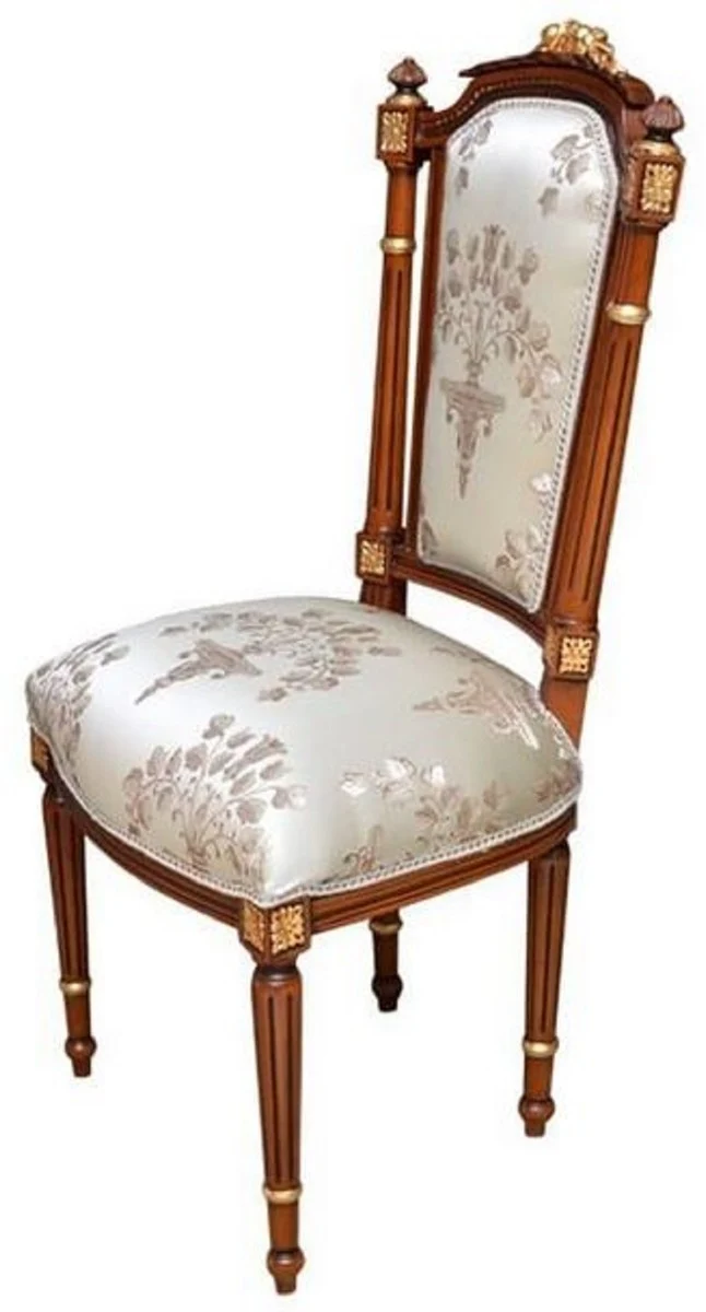 Casa Padrino Barock Esszimmerstuhl Cremefarben / Braun / Gold - Handgefertigter Antik Stil Stuhl - Esszimmer Möbel im Barockstil