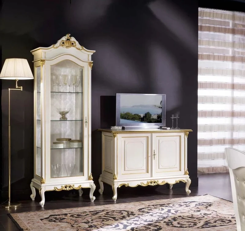 Casa Padrino Luxus Barock Vitrine Weiß / Gold - Handgefertigter Massivholz Vitrinenschrank mit Glastür - Prunkvolle Barock Möbel - Luxus Qualität - Made in Italy