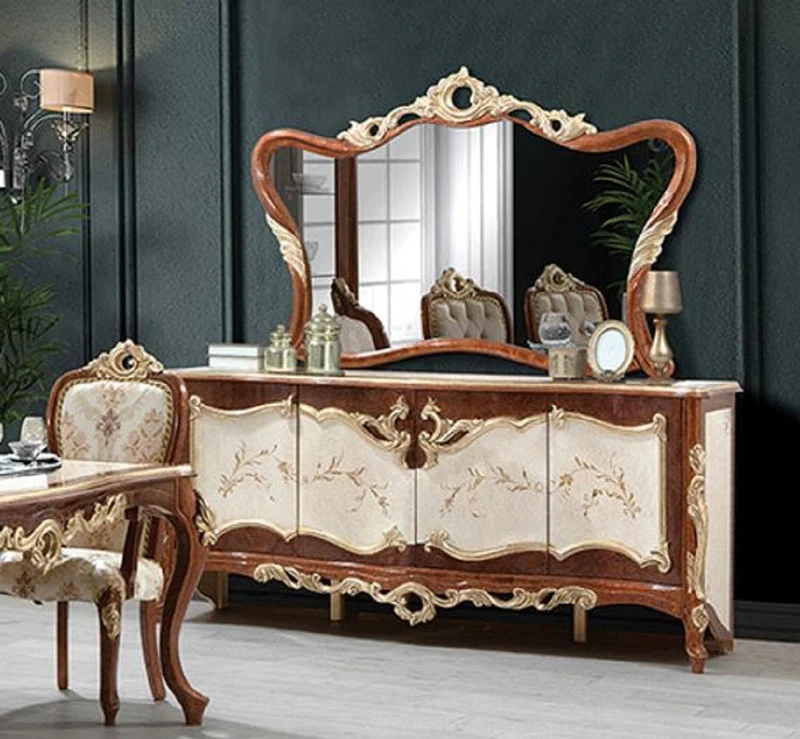Casa Padrino Luxus Barock Möbel Set Braun / Cremefarben / Gold - 1 Barock Sideboard mit 4 Türen & 1 Barock Wandspiegel - Prunkvolle Barock Möbel