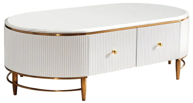 Casa Padrino Luxus Couchtisch Weiß / Messingfarben / Gold 130 x 70 x H. 42 cm - Moderner Wohnzimmertisch mit 4 Schubladen - Moderne Wohnzimmer Möbel
