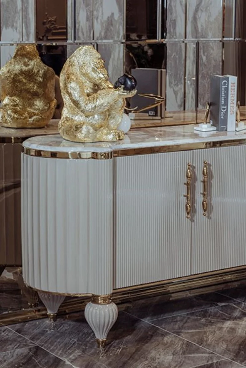 Casa Padrino Luxus Art Deco Sideboard Grau / Weiß / Gold 235 x 54 x H. 90 cm - Edler Massivholz Schrank mit 4 Türen und Kunstmarmor Platte - Art Deco Möbel - Luxus Qualität
