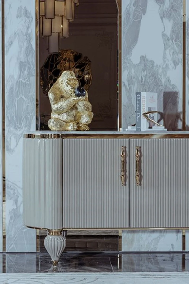 Casa Padrino Luxus Art Deco Sideboard Grau / Weiß / Gold 235 x 54 x H. 90 cm - Edler Massivholz Schrank mit 4 Türen und Kunstmarmor Platte - Art Deco Möbel - Luxus Qualität