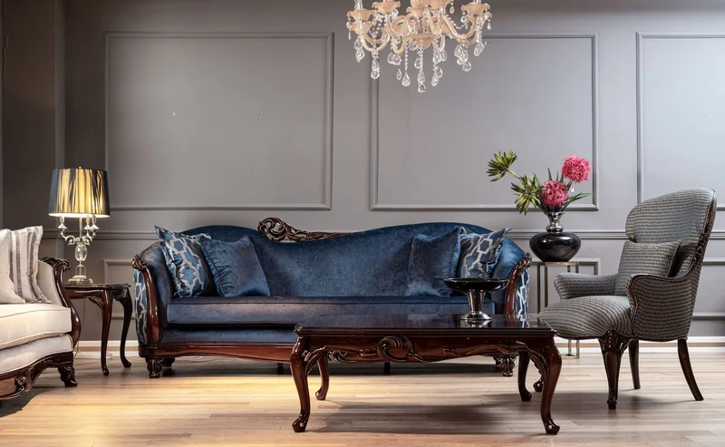 Casa Padrino Luxus Barock Sofa Blau / Dunkelbraun / Gold - Handgefertigtes Wohnzimmer Sofa im Barockstil - Barock Wohnzimmer Möbel