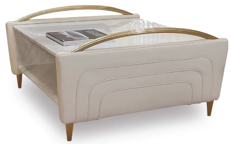 Casa Padrino Luxus Couchtisch Weiß / Elfenbeinfarben / Gold - Quadratischer Wohnzimmertisch mit italienischem Carrara Marmor und Echtleder - Wohnzimmer Möbel - Luxus Qualität - Made in Italy