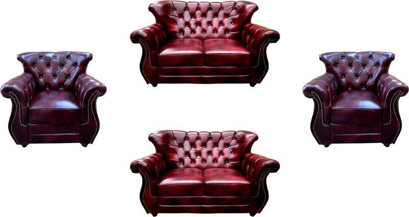 Casa Padrino Luxus Chesterfield Echtleder Wohnzimmer Set Bordeauxrot / Braun / Silber - 2 Leder Sofas & 2 Leder Sessel - Wohnzimmer Möbel - Chesterfield Möbel