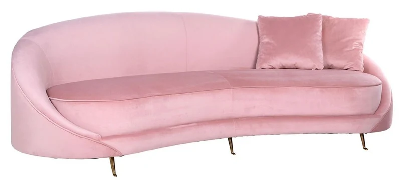 Casa Padrino Luxus Samt Sofa Rosa / Gold 240 x 100 x H. 77 cm - Gebogenes Wohnzimmer Sofa mit 2 dekorativen Kissen - Luxus Wohnzimmer Möbel