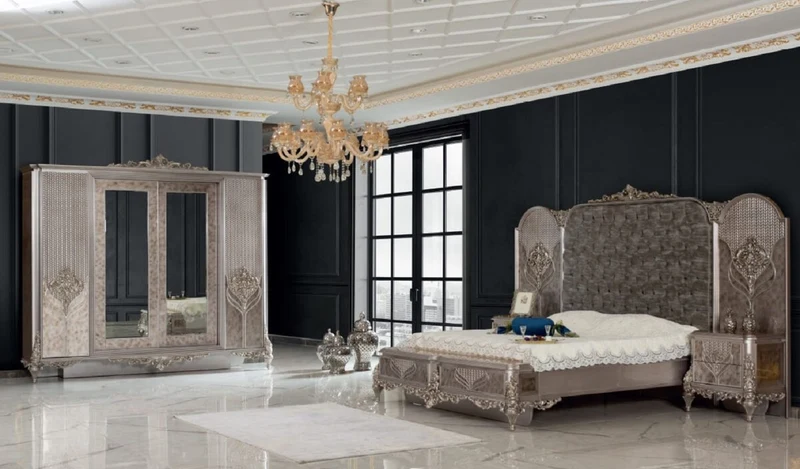 Casa Padrino Luxus Barock Schlafzimmer Set Silber - 1 Doppelbett mit Kopfteil & 2 Nachttische - Schlafzimmer Möbel im Barockstil - Edel & Prunkvoll
