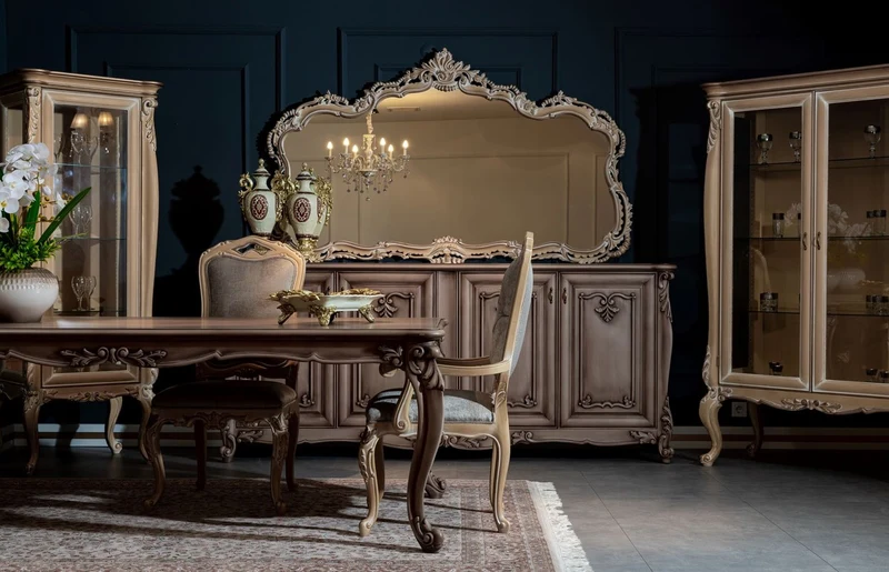 Casa Padrino Luxus Barock Esszimmer Set Braun / Grau / Naturfarben - 1 Barock Esstisch & 8 Barock Esszimmerstühle - Prunkvolle Esszimmer Möbel im Barockstil