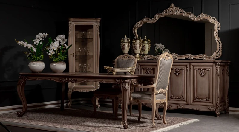 Casa Padrino Luxus Barock Esszimmer Set Braun / Grau / Naturfarben - 1 Barock Esstisch & 8 Barock Esszimmerstühle - Prunkvolle Esszimmer Möbel im Barockstil
