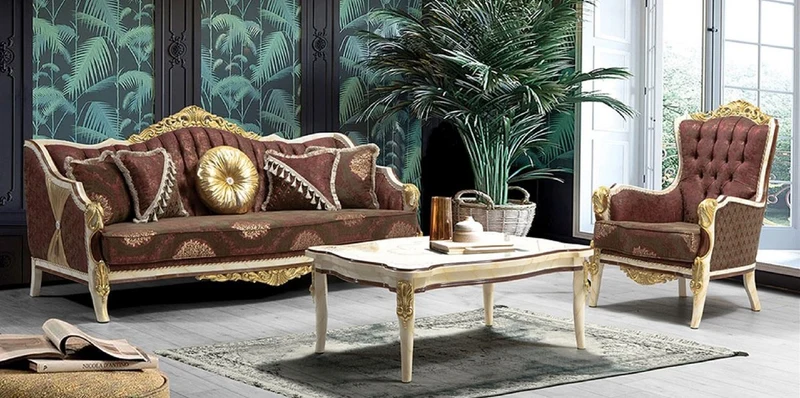 Casa Padrino Luxus Barock Wohnzimmer Set Bordeauxrot / Grau / Weiß / Gold - 2 Sofas mit Muster & 2 Sessel mit Muster & 1 Couchtisch - Prunkvolle Barock Wohnzimmer Möbel