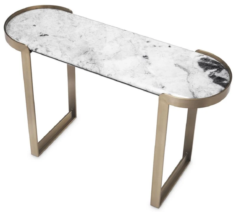 Casa Padrino Luxus Konsole Messingfarben / Weiß 120 x 40 x H. 75,5 cm - Edelstahl Konsolentisch mit Marmorplatte - Luxus Wohnzimmer Möbel