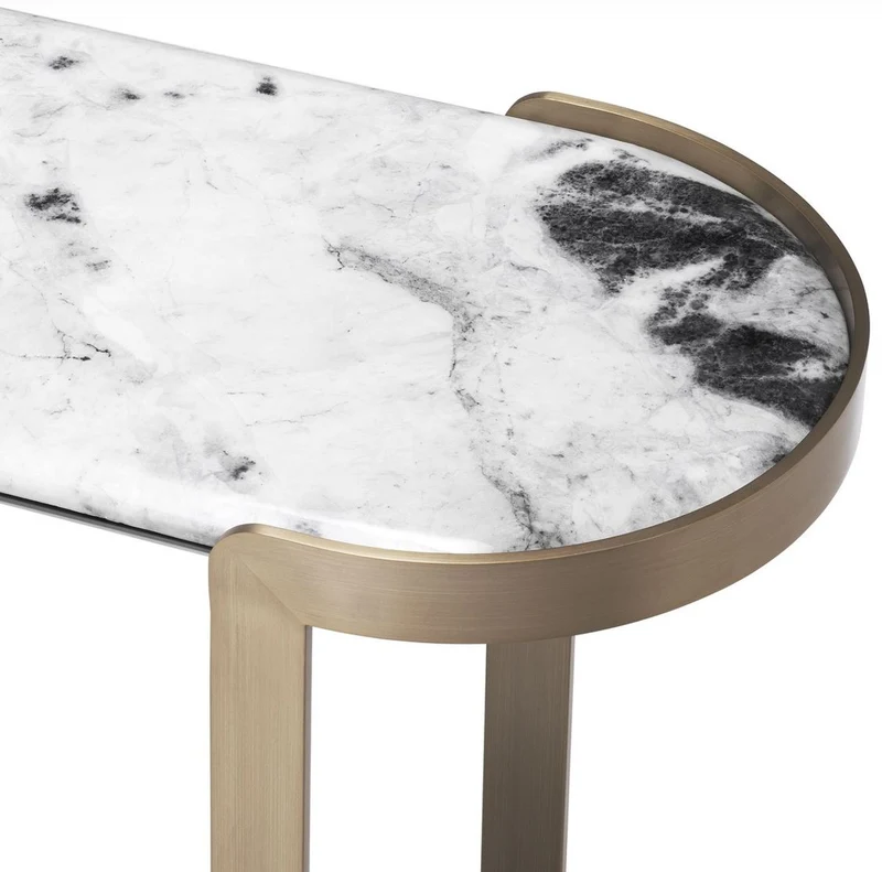 Casa Padrino Luxus Konsole Messingfarben / Weiß 120 x 40 x H. 75,5 cm - Edelstahl Konsolentisch mit Marmorplatte - Luxus Wohnzimmer Möbel