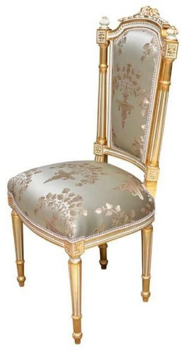 Casa Padrino Barock Esszimmerstuhl Silber / Weiß / Gold - Handgefertigter Antik Stil Stuhl - Esszimmer Möbel im Barockstil