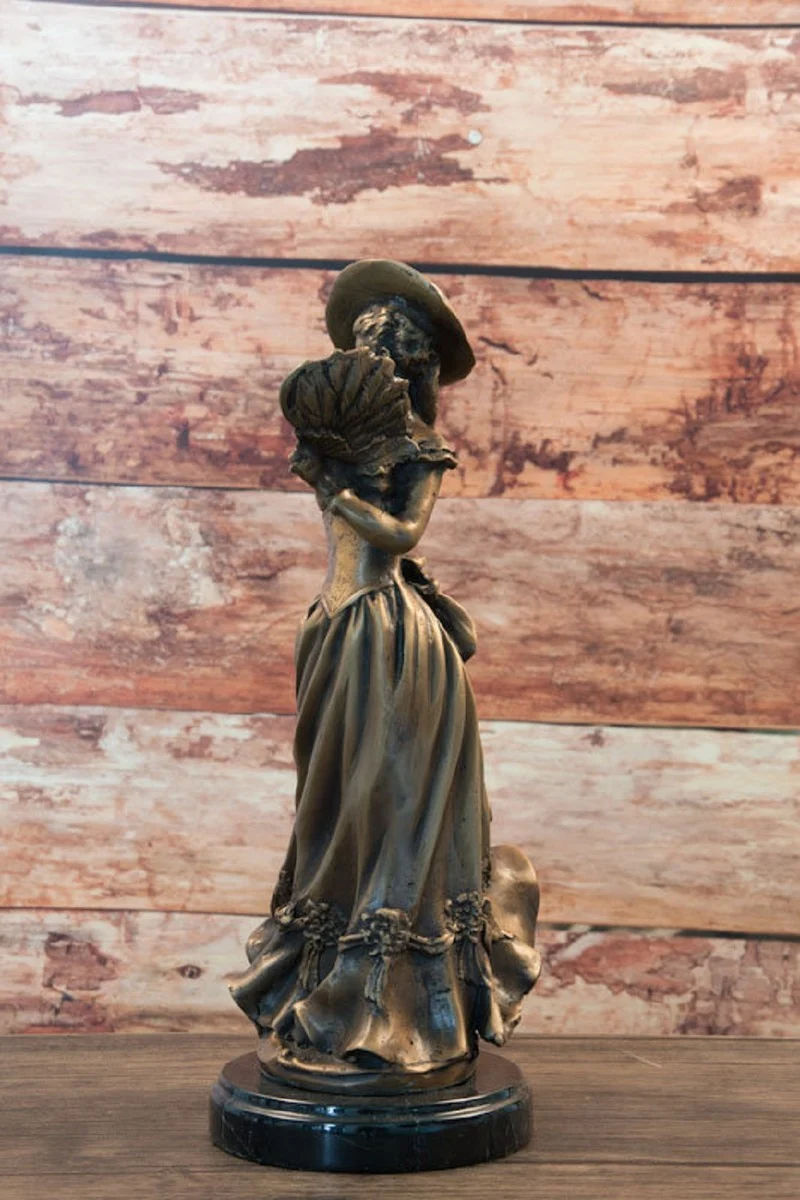 Casa Padrino Jugendstil Bronze Skulptur Dame Bronzefarben / Schwarz 17 x 12 x H. 33 cm - Bronze Skulptur mit Marmorsockel - Barock & Jugendstil Deko Accessoires
