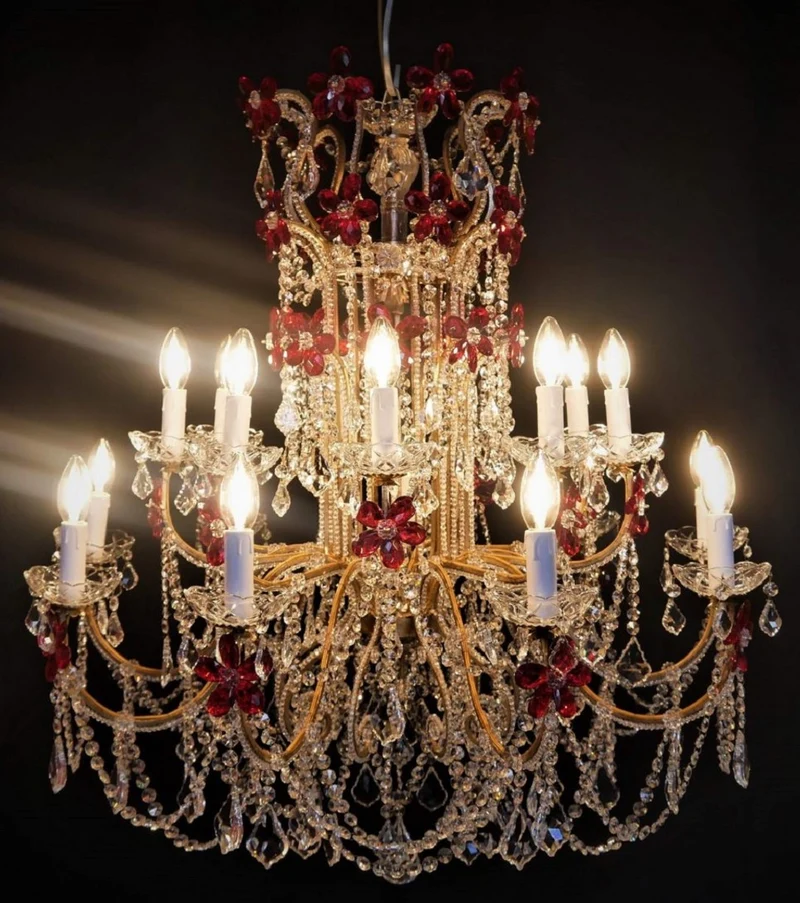 Casa Padrino Luxus Barock Kristallglas Kronleuchter Rot / Gold Ø 90 x H. 100 cm - Hotel & Restaurant Kronleuchter - Barock Leuchten - Edel & Prunkvoll - Luxus Qualität - Made in Italy