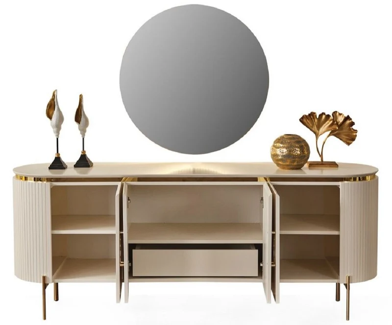 Casa Padrino Luxus Sideboard Weiß / Gold 210 x 52 x H. 78 cm - Edler Massivholz Schrank mit 4 Türen - Luxus Möbel