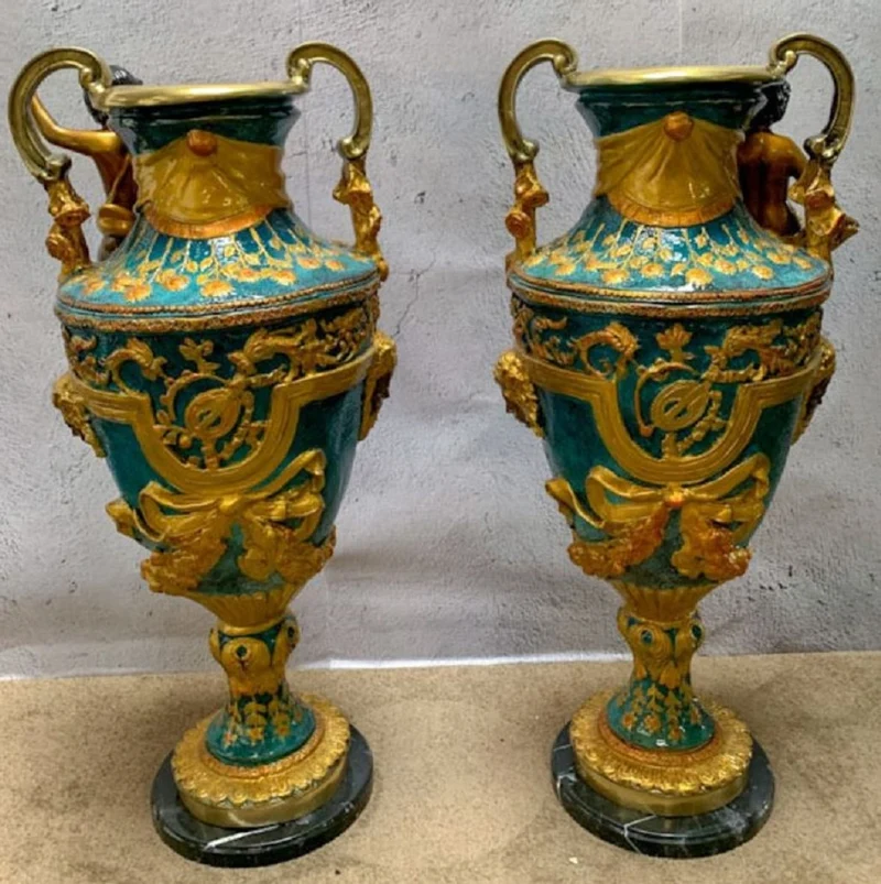 Casa Padrino Luxus Barock Vasen Set Mehrfarbig / Gold / Schwarz 81 x 41 x H. 43 cm - Prunkvolle Bronze Vasen mit Marmorsockel - Barock Deko Accessoires