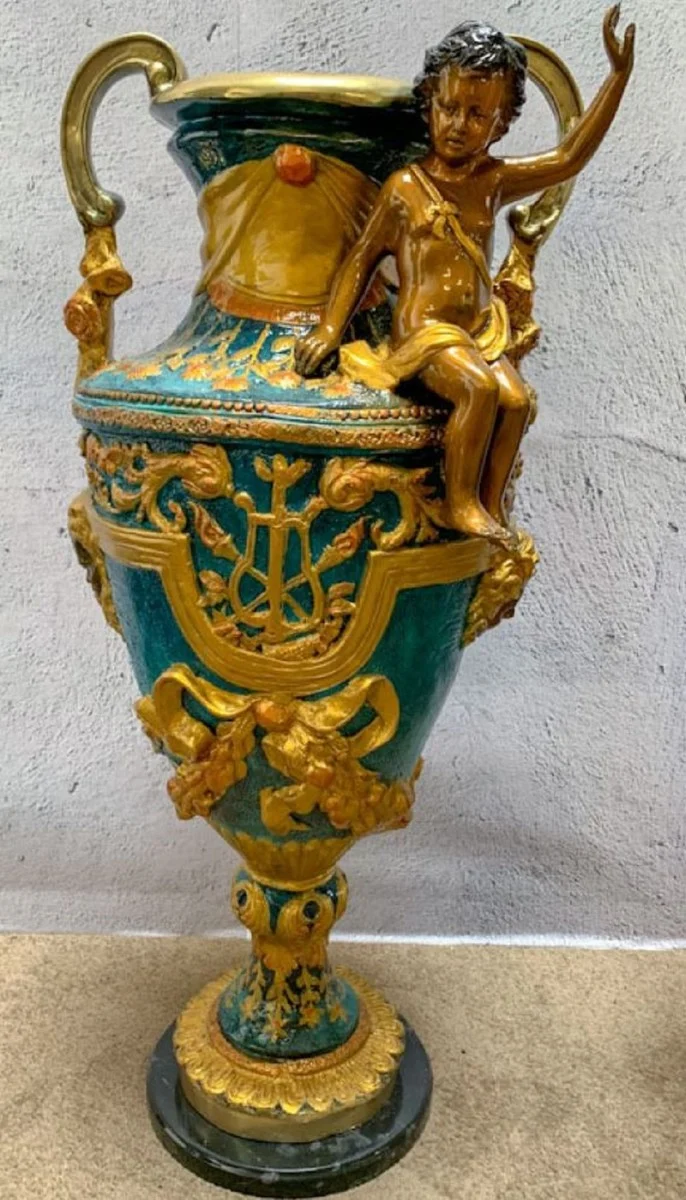 Casa Padrino Luxus Barock Vasen Set Mehrfarbig / Gold / Schwarz 81 x 41 x H. 43 cm - Prunkvolle Bronze Vasen mit Marmorsockel - Barock Deko Accessoires