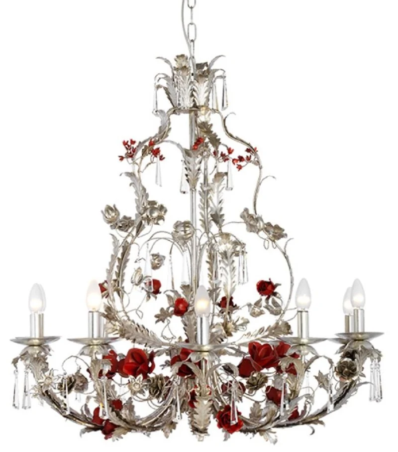 Casa Padrino Luxus Barock Kristall Kronleuchter Rosen & Blumen Silber / Rot Ø 90 x H. 90 cm - Prunkvoller Metall Kronleuchter mit edlem Swarovski Kristallglas - Barock Leuchten