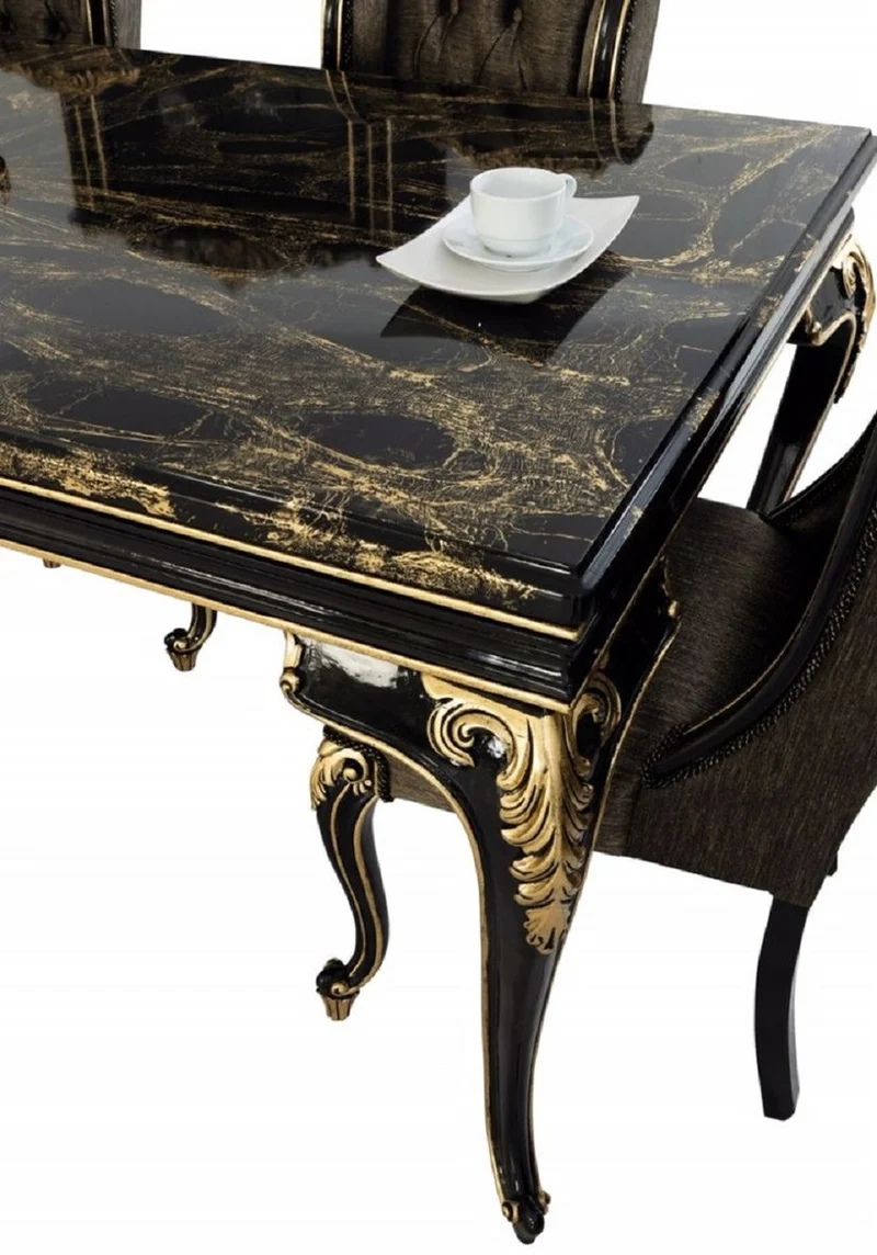 Casa Padrino Luxus Barock Esstisch Schwarz / Gold - Edler Massivholz Esszimmertisch - Barock Esszimmer Möbel