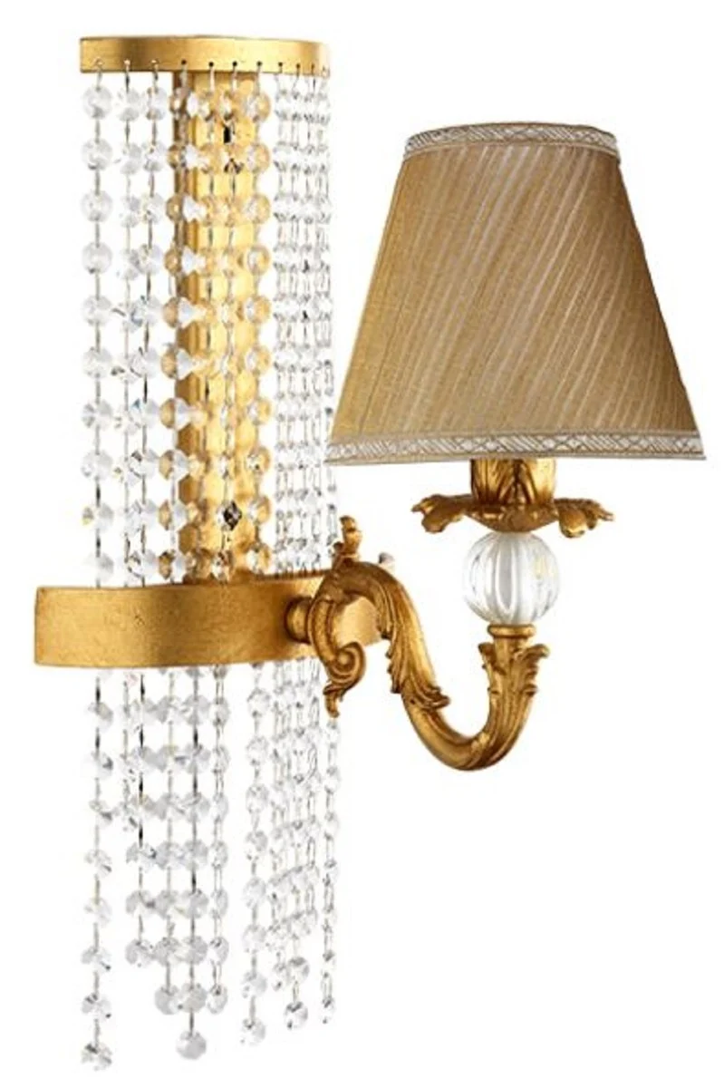 Casa Padrino Luxus Barock Kristall Wandleuchte Gold / Braun 20 x 27 x H. 47 cm - Prunkvolle Metall Wandlampe mit hochwertigem Swarovski Kristallglas und Lampenschirm - Barock Leuchten
