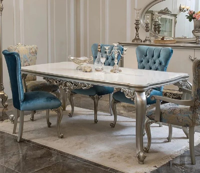 Casa Padrino Luxus Barock Esstisch Weiß / Silber - Massivholz Küchentisch im Barockstil - Barock Esszimmer Möbel