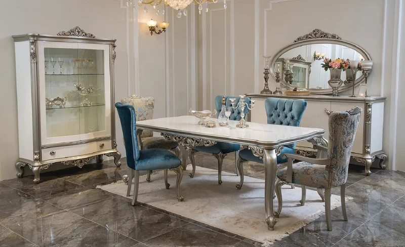 Casa Padrino Luxus Barock Esstisch Weiß / Silber - Massivholz Küchentisch im Barockstil - Barock Esszimmer Möbel