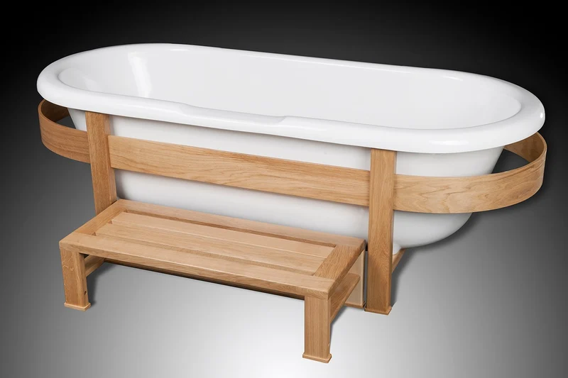 Casa Padrino Luxus Retro Badewanne Weiß / Naturfarben 178 x 76 x H. 73 cm - Freistehende Badewanne mit Holzrahmen und Stufe - Retro Badezimmer Möbel