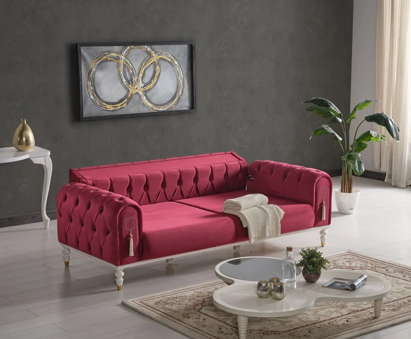 Casa Padrino Luxus Chesterfield Schlafsofa Rot / Weiß / Gold 230 x 95 x H. 83 cm - Wohnzimmer Sofa mit 3 Kissen - Luxus Wohnzimmer Möbel
