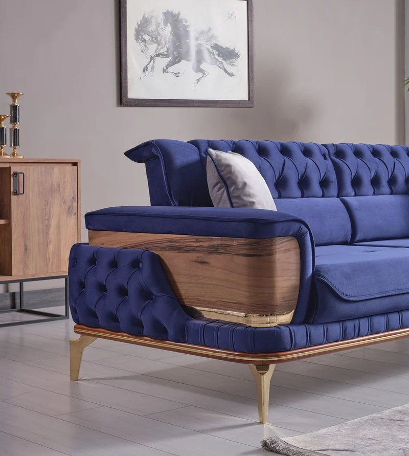 Casa Padrino Luxus Schlafsofa Blau / Braun / Gold 232 x 92 x H. 85 cm - Wohnzimmer Sofa mit 2 Kissen - Luxus Wohnzimmer Möbel