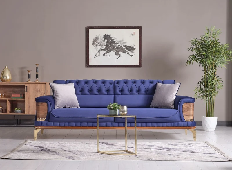 Casa Padrino Luxus Schlafsofa Blau / Braun / Gold 232 x 92 x H. 85 cm - Wohnzimmer Sofa mit 2 Kissen - Luxus Wohnzimmer Möbel