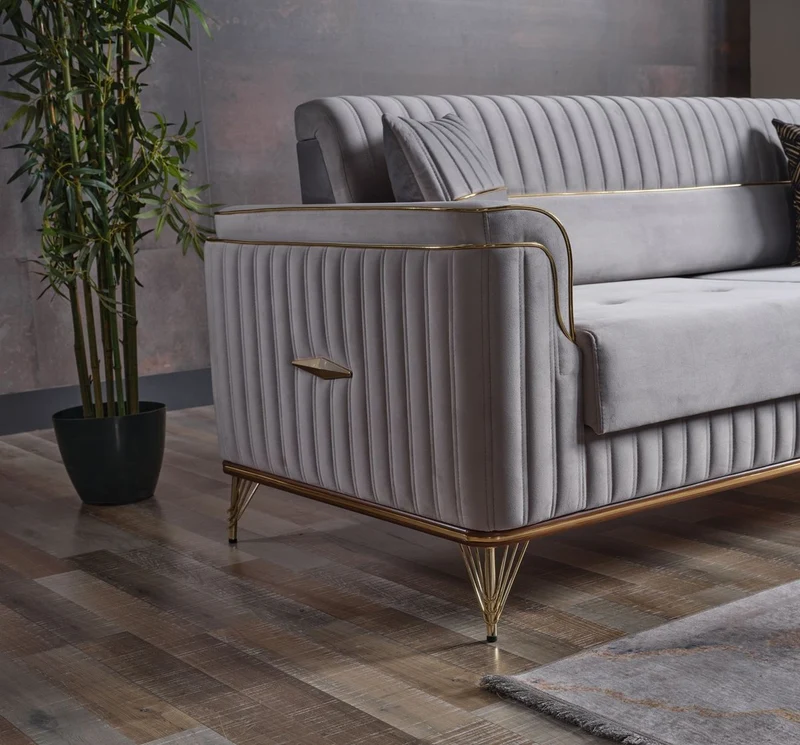 Casa Padrino Luxus Schlafsofa Hellgrau / Braun / Gold 228 x 94 x H. 88 cm - Wohnzimmer Sofa mit 3 Kissen - Luxus Wohnzimmer Möbel