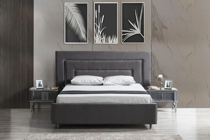Casa Padrino Luxus Schlafzimmer Set Grau / Silber - 1 Doppelbett mit Kopfteil & 2 Nachttische - Luxus Schlafzimmer Möbel
