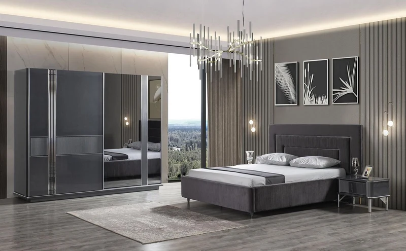 Casa Padrino Luxus Schlafzimmer Set Grau / Silber - 1 Doppelbett mit Kopfteil & 2 Nachttische - Luxus Schlafzimmer Möbel
