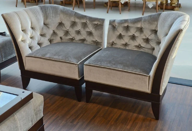 Casa Padrino Luxus Wohnzimmer Sessel Set Silbergrau / Dunkelbraun - 2 Neoklassische Sessel mit edlem Velourstoff - Wohnzimmer Möbel im Neoklassischem Stil