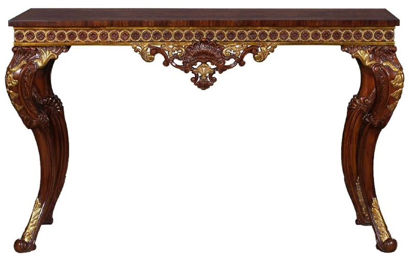 Casa Padrino Luxus Barock Konsole Dunkelbraun / Gold - Handgefertigter Massivholz Konsolentisch im Barockstil - Edel & Prunkvoll