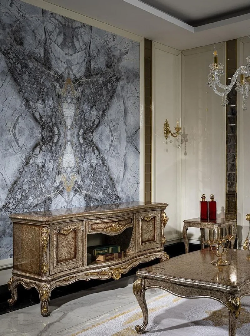 Casa Padrino Luxus Barock TV Schrank Antik Silber / Braun / Gold - Prunkvolles Wohnzimmer Sideboard mit 2 Türen und Schublade - Barock Wohnzimmer Möbel